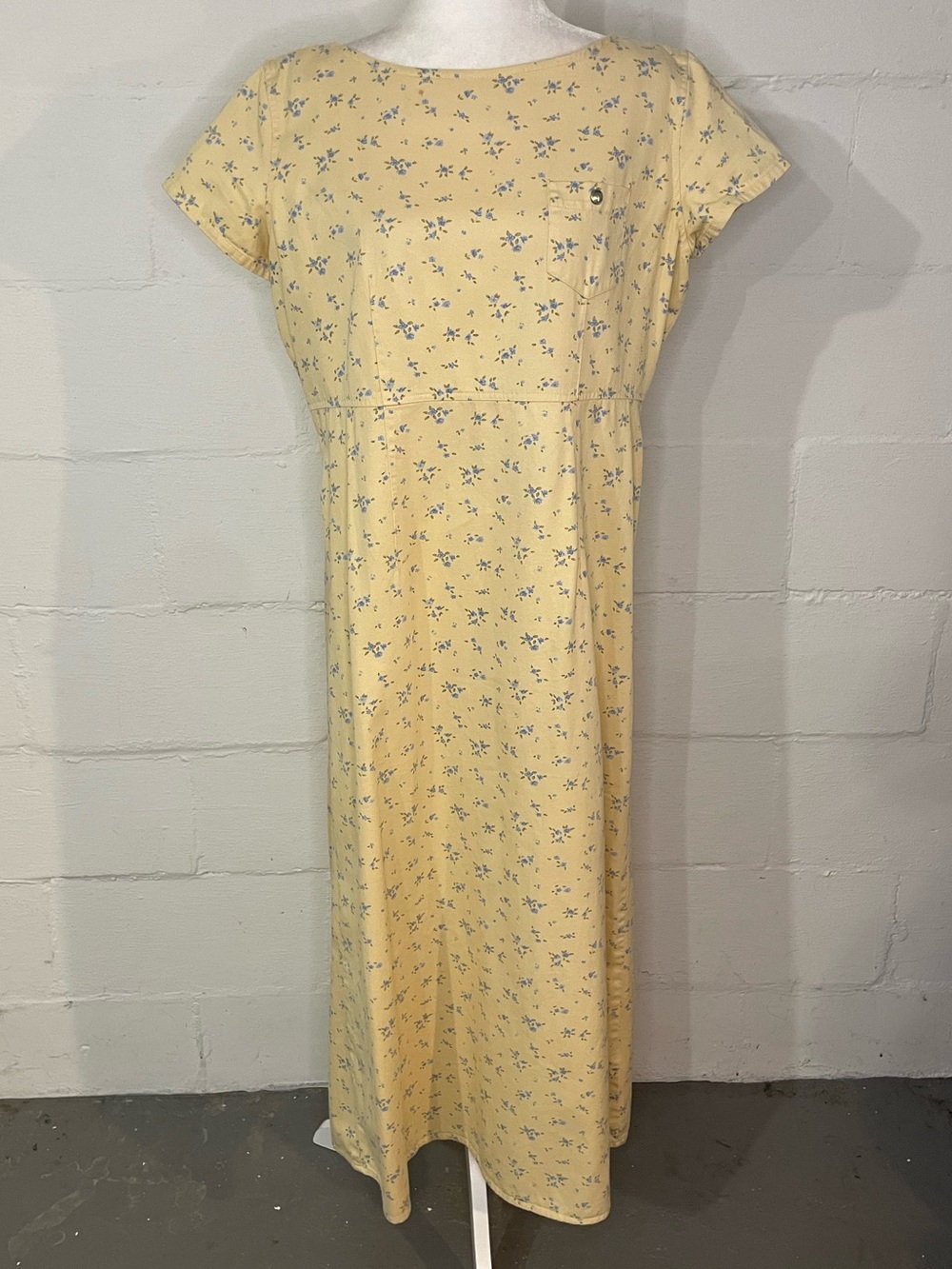 villager Pale Yellow Floral Maxi Dress with Blue Print